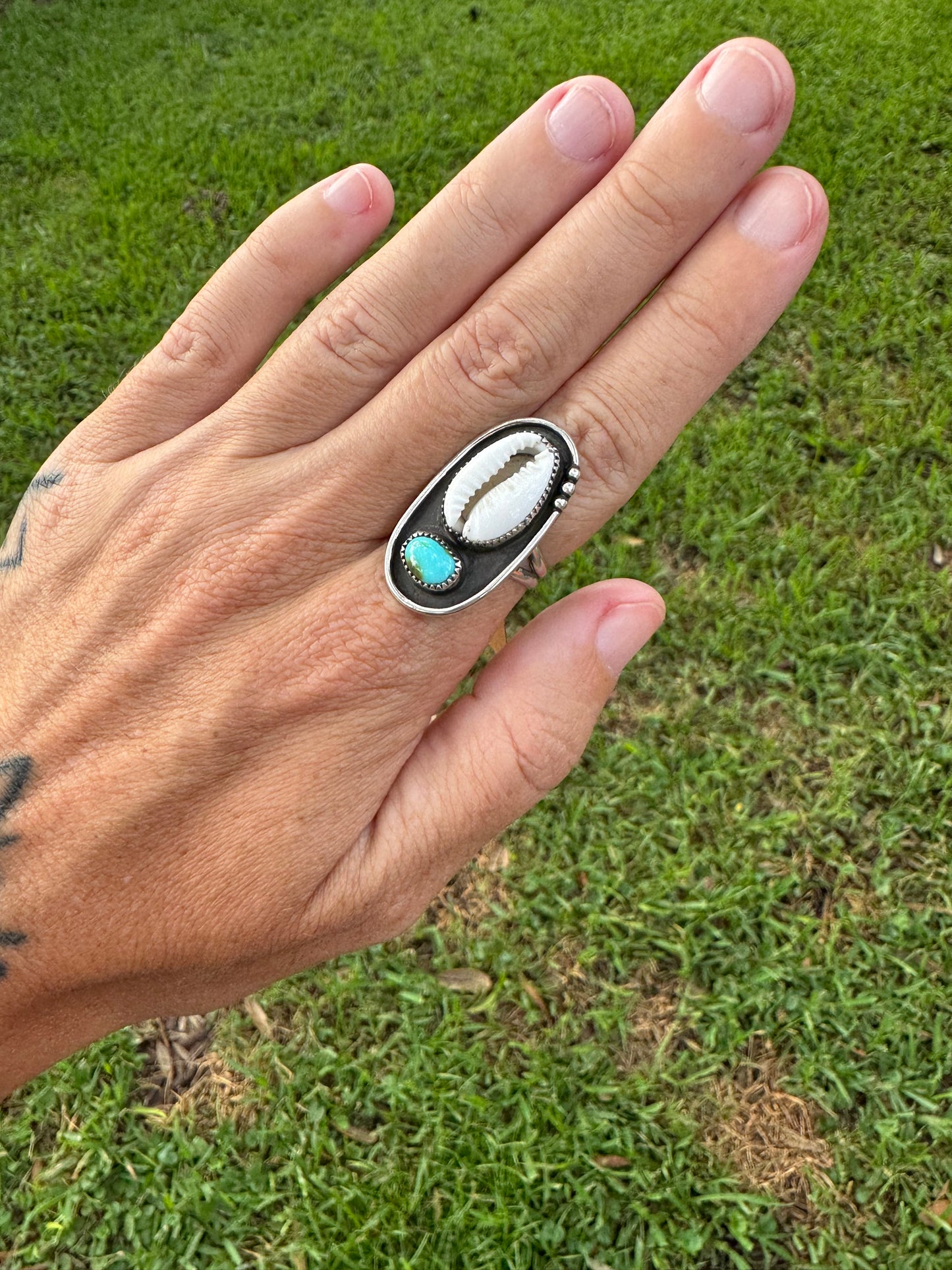 Cowrie Shell and Turquoise Ring Size 7