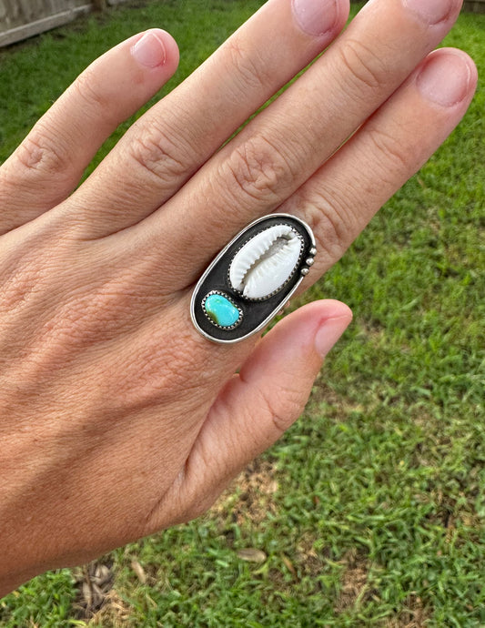 Cowrie Shell and Turquoise Ring Size 7
